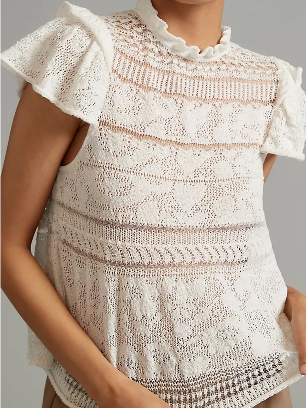 Anthropologie Lace Sweater Tee with Ruffle Sleeves Sz Small Petite - Picture 2 of 13